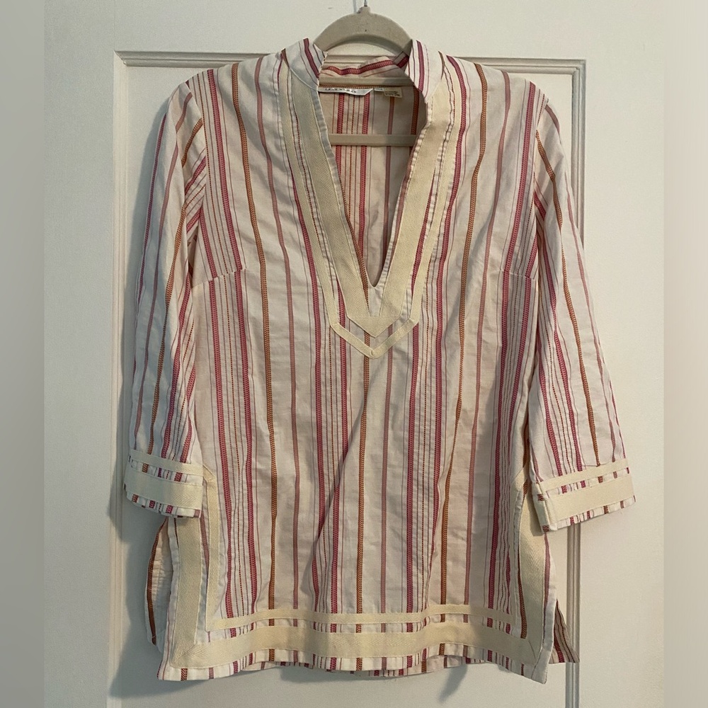 Zara Boho Summer Beach Vacation Tunic Top Pink White Striped Medium